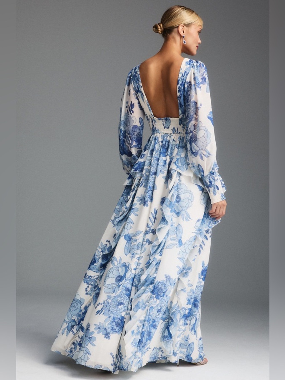 Bhldn white blue floral long sleeve chiffon maxi dress - Picture 4 of 9